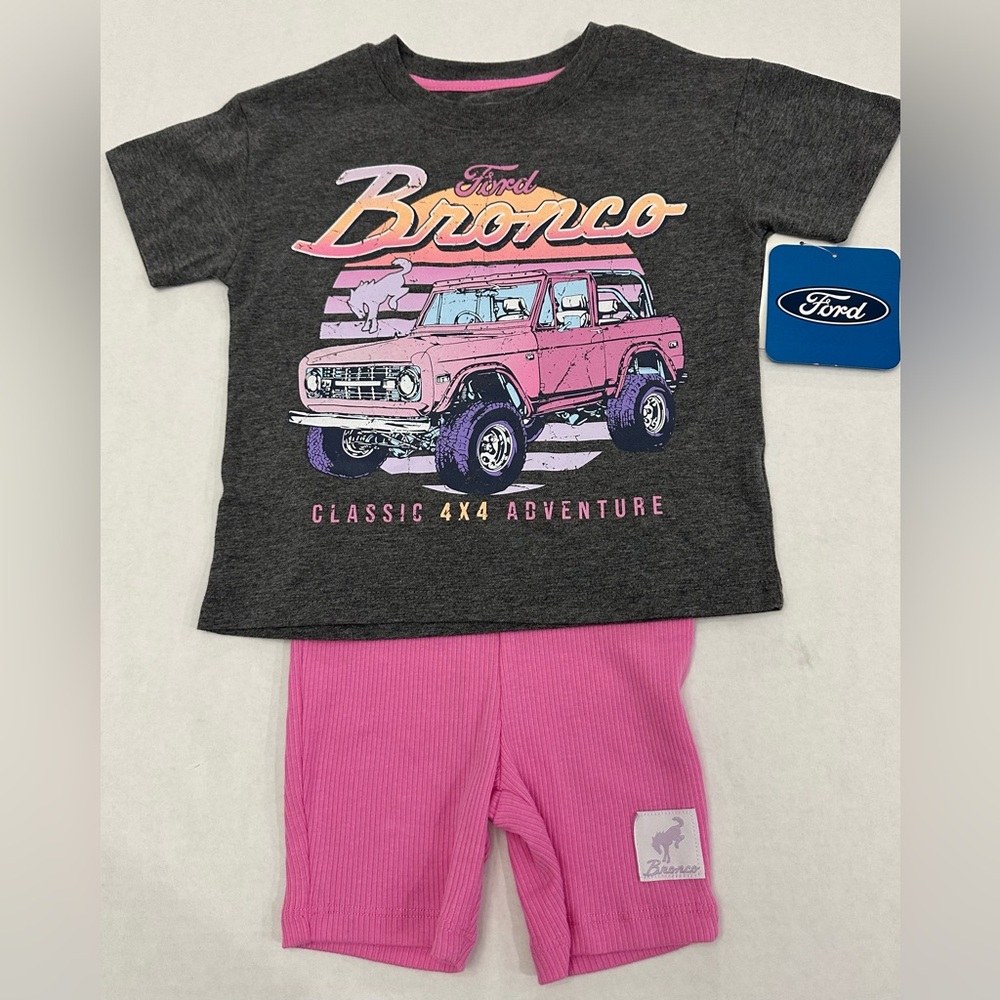 Ford Bronco Toddler Girls Charcoal Graphic Tee and Pink Bike Shorts Set,Size 2T